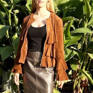 Brown Ruffled Zip Front Jacket Women's Petite Small INC International Concepts